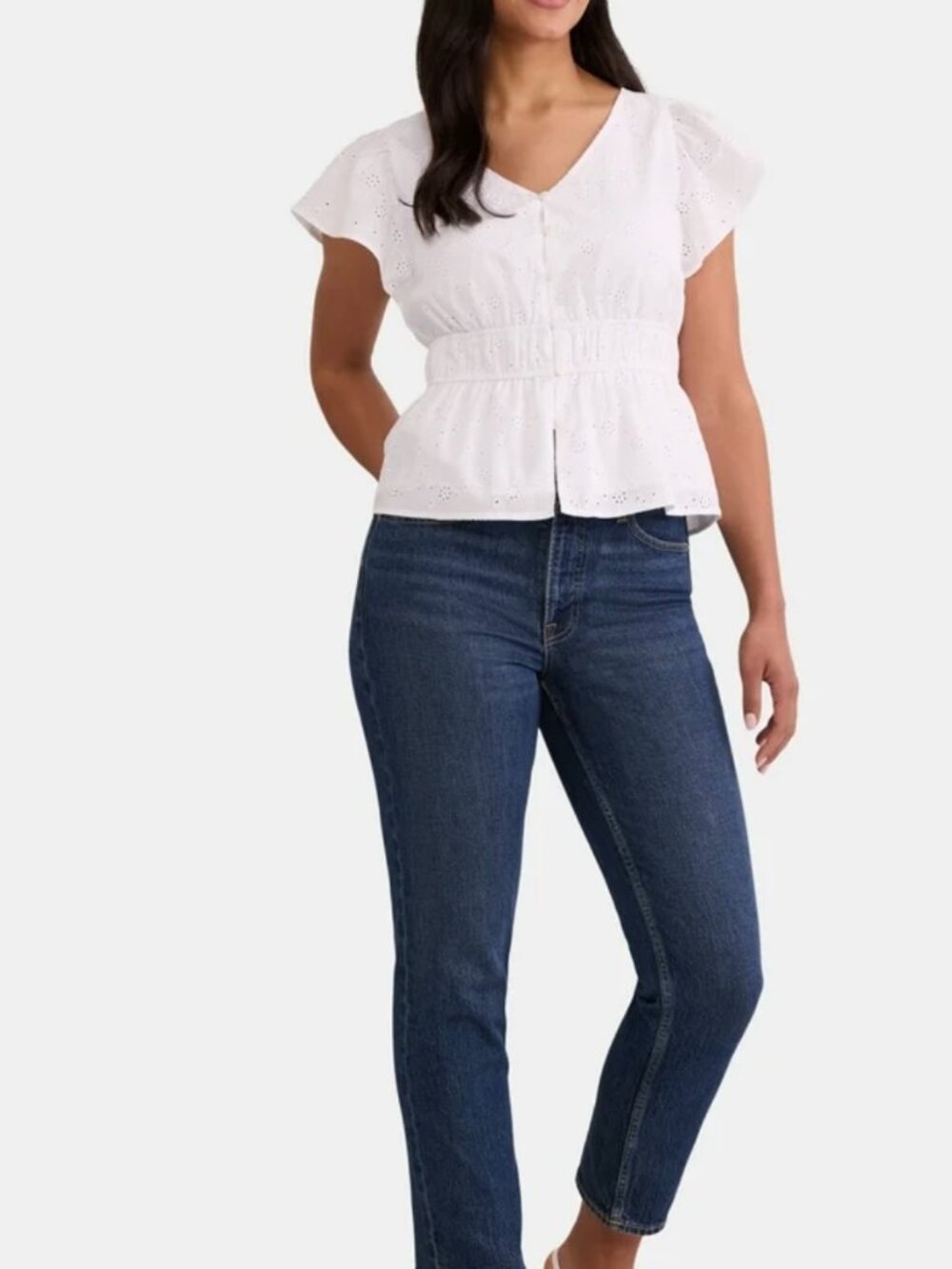 White Eyelet Peplum Blouse Flutter Sleeve Size M (8/10) - Picture 6 of 9